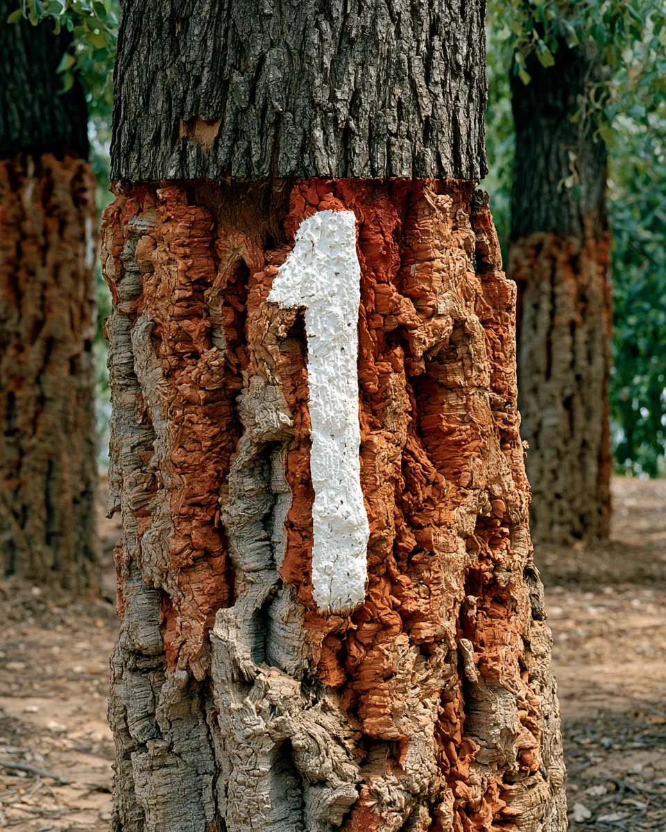 The last digit of the year it was cut, in white paint. Every trunk carries one. The whole montado is a calendar.